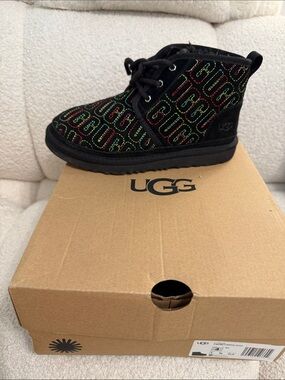 UGG Kids Black Ankle Boots with Multicolor Logo Stitching